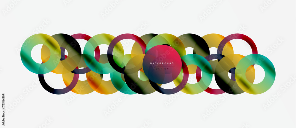 Poster colorful overlapping circles create abstract design. gradient hues blend, forming modern visual elem