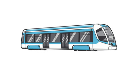 Illustration of a blue and white modern tram with visible windows and doors on a white background view