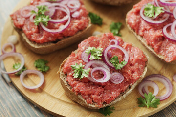 Traditional German sandwiches with minced meat Mettbroetchen