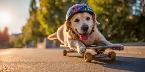 Golden retriever skateboarding in a sunny park during the late afternoon