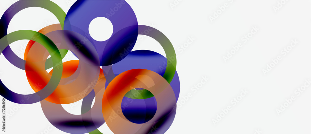 Poster abstract composition features overlapping colorful circles. shapes blend, creating dynamic visual ef