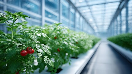 Lush Hydroponic Tomato Plants in a Modern Greenhouse with Bright Indoor Lighting and Long Rows of Vegetation with Climate Control System