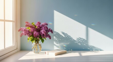 Lilac flowers in sunlight on a windowsill near a window with rainbow reflections