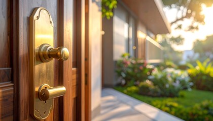 Golden door handle on a wooden front door
