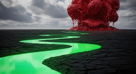 Alien Landscape With Blood Like Substance And Green River