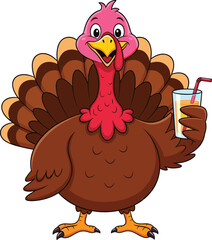 Cartoon turkey character vector, smiling bird illustration, festive animal clipart, holding drink, Thanksgiving mascot artwork, isolated white background