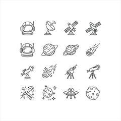 Explore outer space with this cosmic line art featuring astronauts, planets, satellites, telescopes and UFOs for all your space themed designs