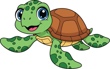 Cute cartoon turtle vector, smiling animal illustration, green shell character, children’s book mascot, happy reptile drawing, isolated on white