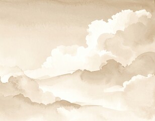 Warm, muted watercolor landscape of clouds and hills