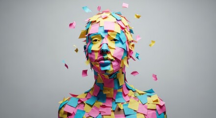 Person covered in colorful sticky notes with notes flying off