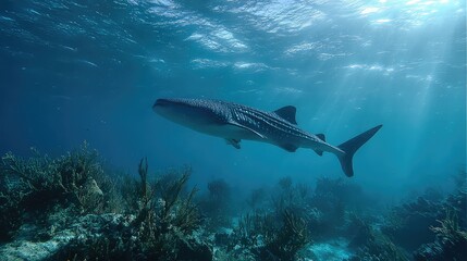 Fototapeta premium Graceful Whale Shark Swims Through Deep Blue Ocean Waters Surrounded by Coral and Sunlight Rays