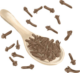 Hand Drawing Painting of Clove on Spoon Botanical Illustration