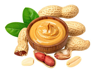 Creamy peanut butter in a wooden bowl, surrounded by peanuts and leaves