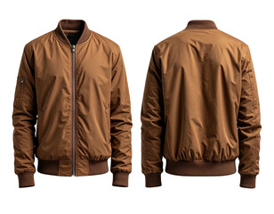 Front and back view of a muted brown bomber jacket