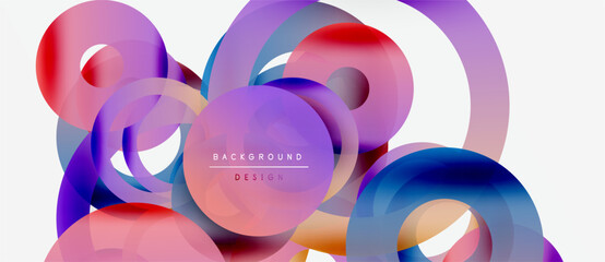 Abstract colorful overlapping circles create dynamic visual. Modern design elements suggest fluidity, energy, innovation. Bright hues dominate composition.
