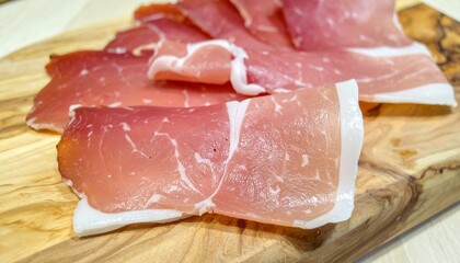 Italian Prosciutto Ham Thinly Sliced on Wooden Board for Premium Meat Object and Gourmet Charcuterie Concept