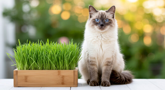 A graceful Siamese cat with grass for cats on a wooden table against the background of a summer garden. Healthy balanced nutrition for pets
