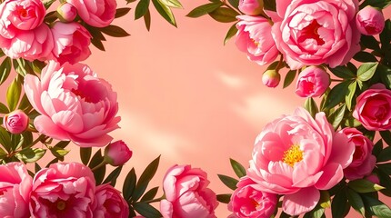 Pink Peonies Floral Frame on a Pink Background