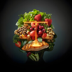 Weight loss food concept as a dieting idea with a surreal human head silhouette filled with leafy greens, berries, legumes, and fish forming a glowing balance scale, cinematic mood lighting