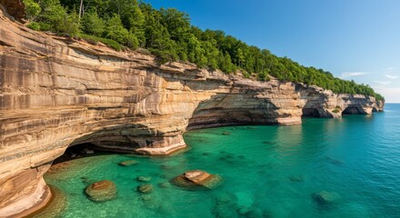 Layered rock formations along a shoreline with turquoise water
