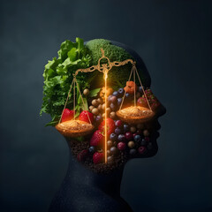 Weight loss food concept as a dieting idea with a surreal human head silhouette filled with leafy greens, berries, legumes, and fish forming a glowing balance scale, cinematic mood lighting