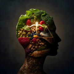 Weight loss food concept as a dieting idea with a surreal human head silhouette filled with leafy greens, berries, legumes, and fish forming a glowing balance scale, cinematic mood lighting
