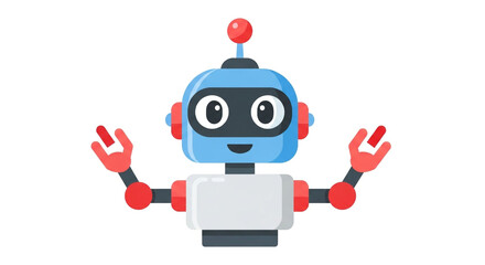A cheerful blue robot with red accents stands isolated on white background, its arms raised in a friendly gesture, ready to engage and assist