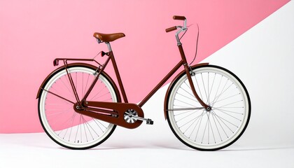 Vintage brown bicycle with white tires on pink-to-white gradient background.