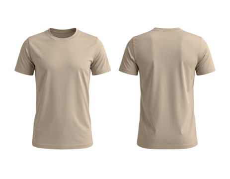 Front and back view of a light beige, plain men's t-shirt