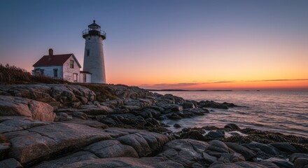 Lighthouse at sunrise over rocky coastline