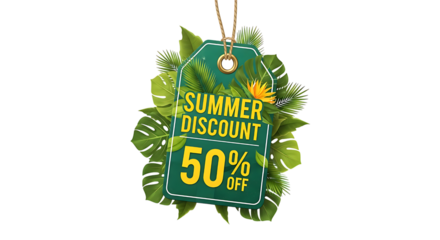 Summer Discount Tag with Tropical Leaves on Transparent Background