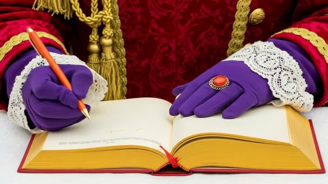 Colorful hands of sinterklaas in  purple glove is writing in open book with decorative cover.  festive attire and dutch holiday spirit during a traditional Saint Nicolas day five december. celebration