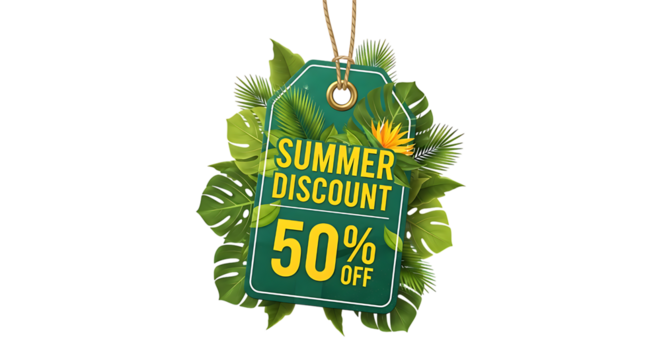 Summer Discount Tag with Tropical Leaves on Transparent Background