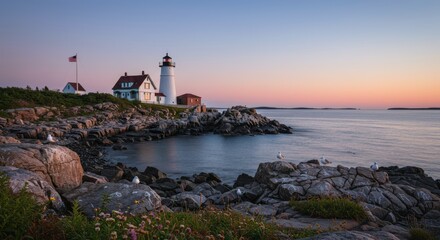 Lighthouse at sunrise over rocky coastline