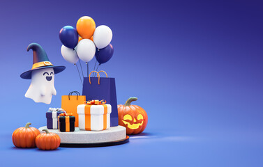 Happy Halloween greeting flyer background template with a cute ghost, pumpkins, party stuff and copy space in 3D illustration
