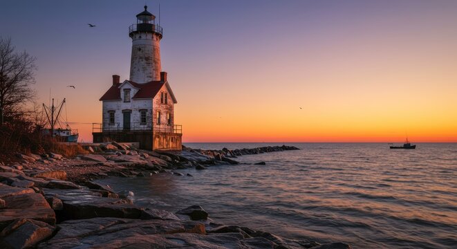 Lighthouse at sunrise over water - Powered by Adobe