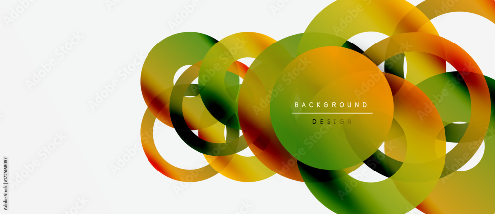 Poster abstract colorful circles overlap, creating dynamic visual effect. gradient shades blend orange, gre