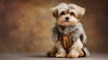 Cute small dog wearing a fur outfit poses on a textured background with a soft focus during a photoshoot
