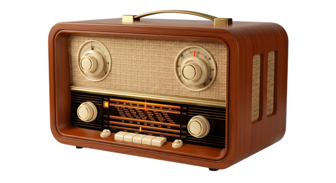 Vintage Radio Receiver with Wooden Case on Transparent Background