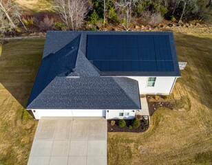 High-angle view of a house with solar panels on the roof.  Dark gray shingle roof, light-colored siding, and a paved driveway