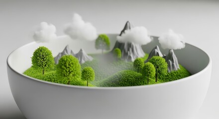 Miniature Nature Landscape Scene Inside a White Bowl