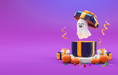 Happy Halloween greeting card background template with a cute ghost inside a gift, pumpkins, party stuff and copy space in 3D illustration