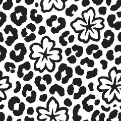 Leopard skin with flowers seamless pattern design. Animal print vector illustration background. Wildlife fur skin design illustration for web, home decor, fashion, surface, graphic design