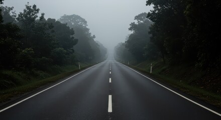 Naklejka premium A lonely asphalt road disappears into the thick fog and trees