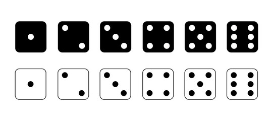 Game dice Icon with side of cube from one to six number. Set of black and white icon sided for gamble. Dot on cube of casino.
