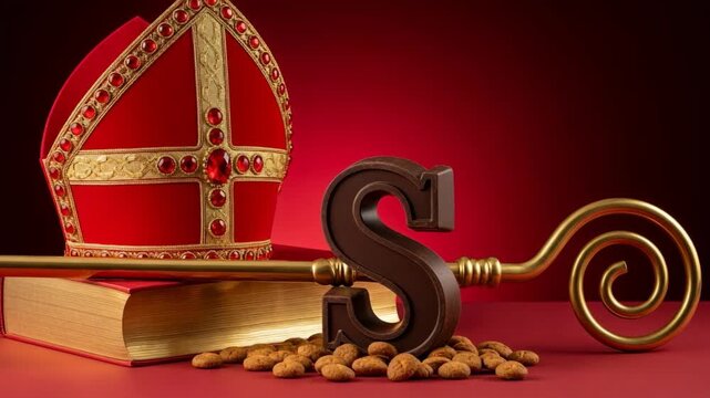Red sinterklaas hat Mitre, decorative staff, large chocolate letter S, surrounded by traditional spiced cookies, festive attire and dutch holiday spirit. traditional Saint Nicolas day five december