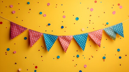 Fototapeta premium Colorful party decorations with bunting and confetti on a bright yellow background