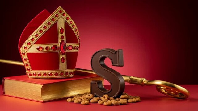 Red sinterklaas hat Mitre, decorative staff, large chocolate letter S, surrounded by traditional spiced cookies, festive attire and dutch holiday spirit. traditional Saint Nicolas day five december