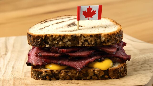 Cinematic close up video of a Canadian smoked meat sandwich with melted mustard on rustic bread, small Canada flag toothpick on top, appetizing deli style food with warm steam and smooth camera moveme