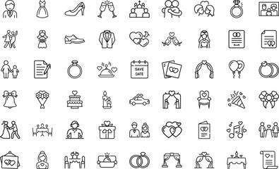Family and wedding icon set. marriage, ceremony, party, love, rings, dress, tuxedo, church, car, bouquet, dinner, celebration, relationship, couple, outline vector icons on white background.  